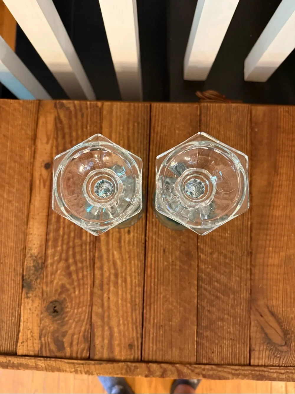 Pair of vintage HOMCO blue optic swirl votive holders with clear glass base